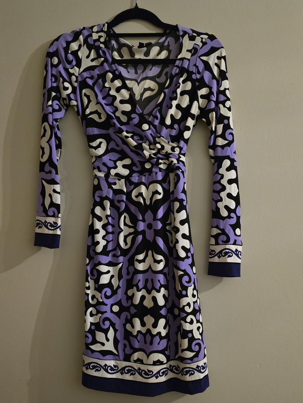 Nicole by Nicole Miller Lilac, Black & White Wrap-Style Printed Dress